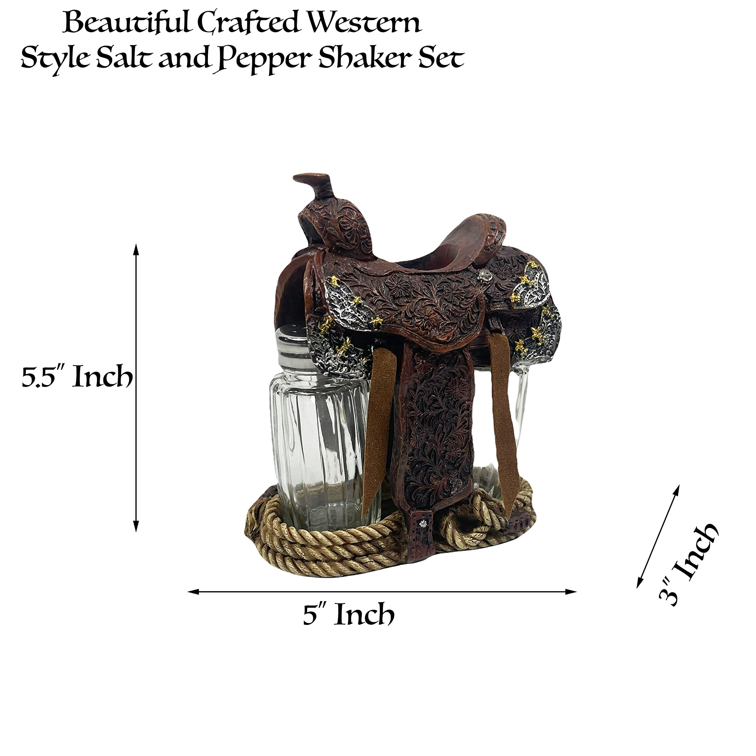 Urbalabs Western Saddle Wagon Wheel Spur and Belt Country Star Cowboy Roper Star Buckle Salt and Pepper Shaker Caddy Farmhouse Dinner Table Kitchen Ranch Decorations Rustic Cowboy Decor (Saddle)