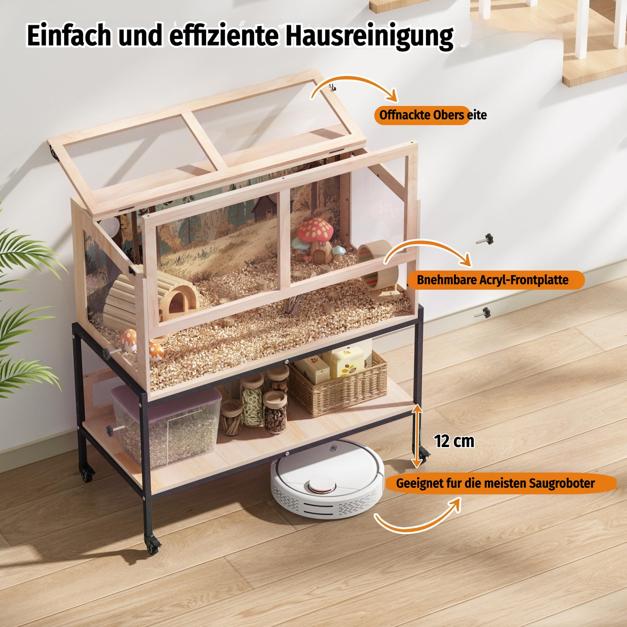 Hamsterkäfig Hochbeet mit Rollen, Kiefernholz, Acryl, Ablage, 101x99x47 cm