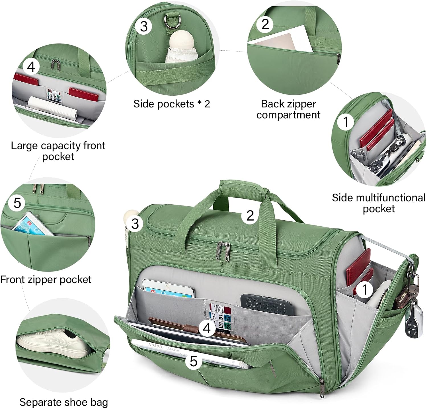 Hanke Carry On luggage Bags for Travel, Large Foldable Duffle Bag for Travel, Softside Lightweight Travel Bag Carry On Bags for Airplanes Women, Travel Tote Bags for Women Men.(Forest Green) - Image 4