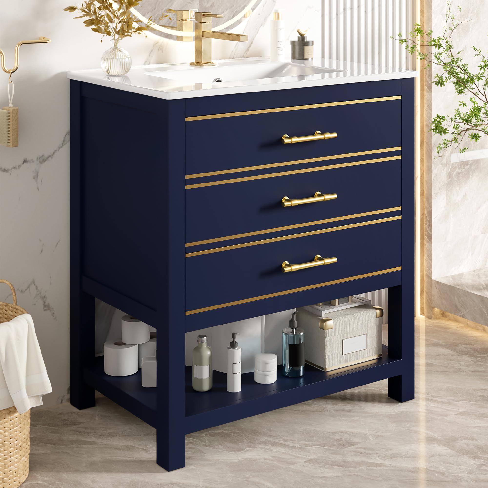 Lexiou Mueble de baño con lavabo de cerámica, mueble de baño independiente con 2 cajones y compartimento abierto, asas doradas, sin grifo ni desagüe (negro y azul)