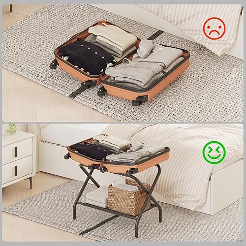 Miniatura 2 de Smart FENDEE Portaequipajes para habitación de invitados, soporte plano plegable para maleta con estante de tela, soporte de equipaje portátil de