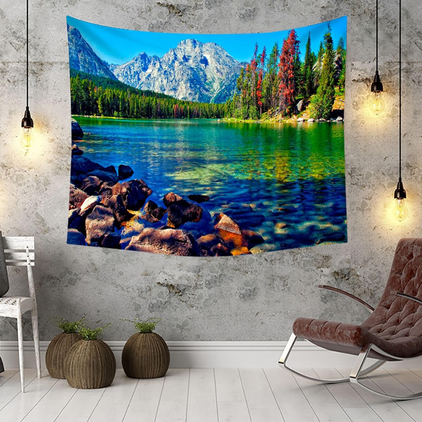 Homxi Tappeto Parete Cameretta 300 W x 256 H CM, Lago di Montagna e Paesaggio Alberato, Tappeto Parete Cameretta Poliestere, Blu Verde