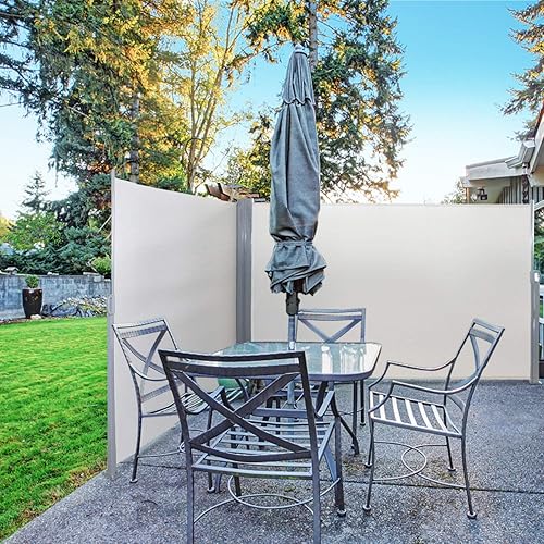 MORCOE Retractable Double Folding Awning Privacy Screen Wall Post Mounted Outdoor Waterproof Sun Shade Fence Privacy Divider with Steel Pole,(236''x63'',Beige)