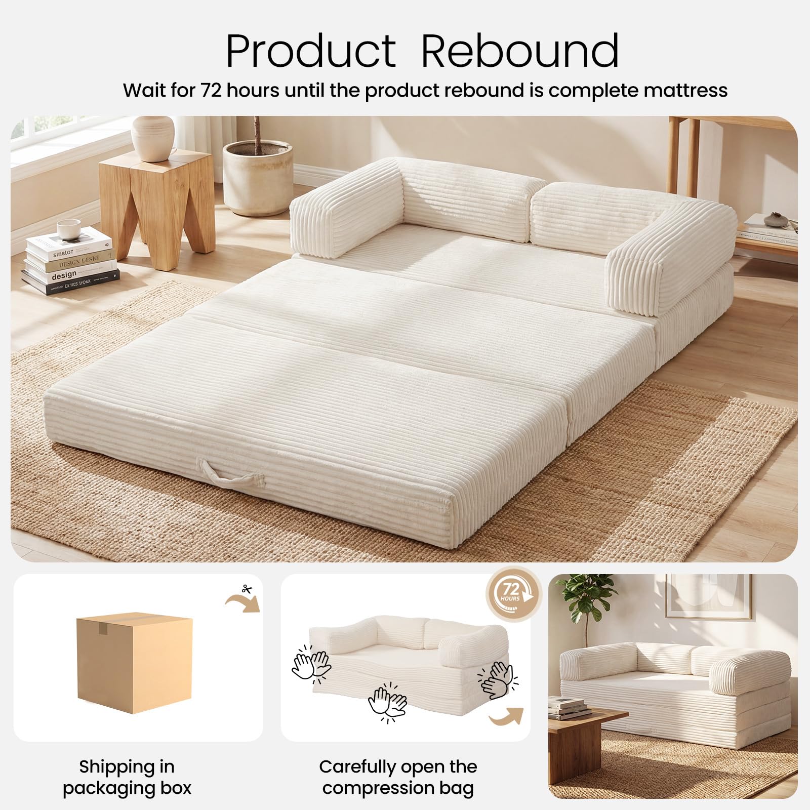 Erament Futon Sofa Bed Queen, Convertible Tri Folding Mattress Foldable with Removable Armrests & Washable Cover, 5-Inch Floor Mattress with High-Density Foam, Small Pull Out Couch Bed, Beige