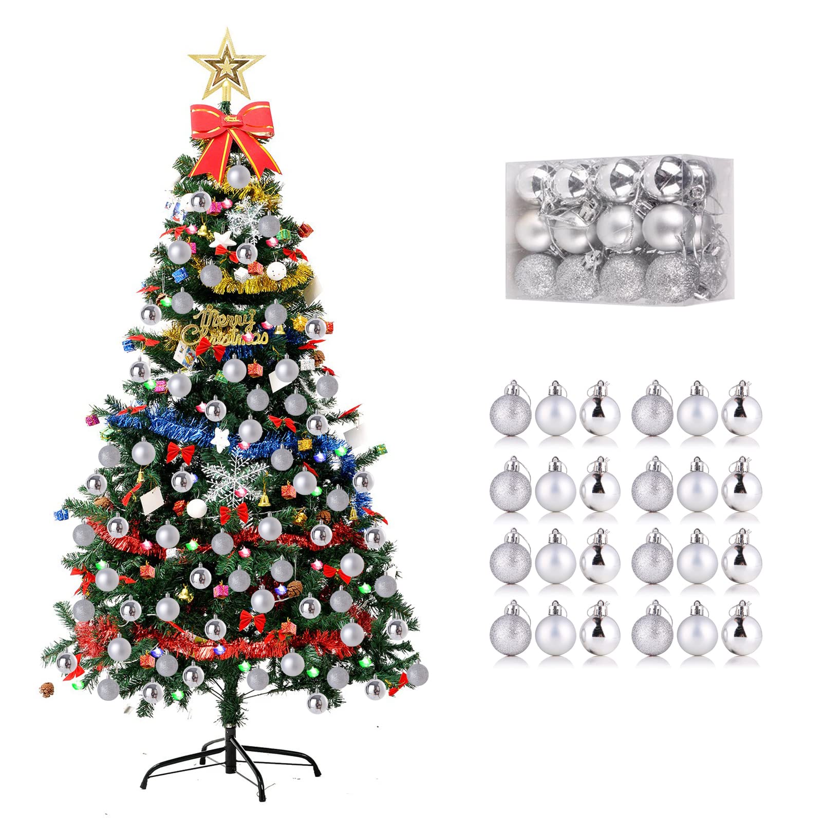 24 Pieces Christmas Ball Ornaments Christmas Decorations Tree Balls for Tree Ornaments Holiday Wedding Party Decoration Hooks 1.18 Inch (Silver)