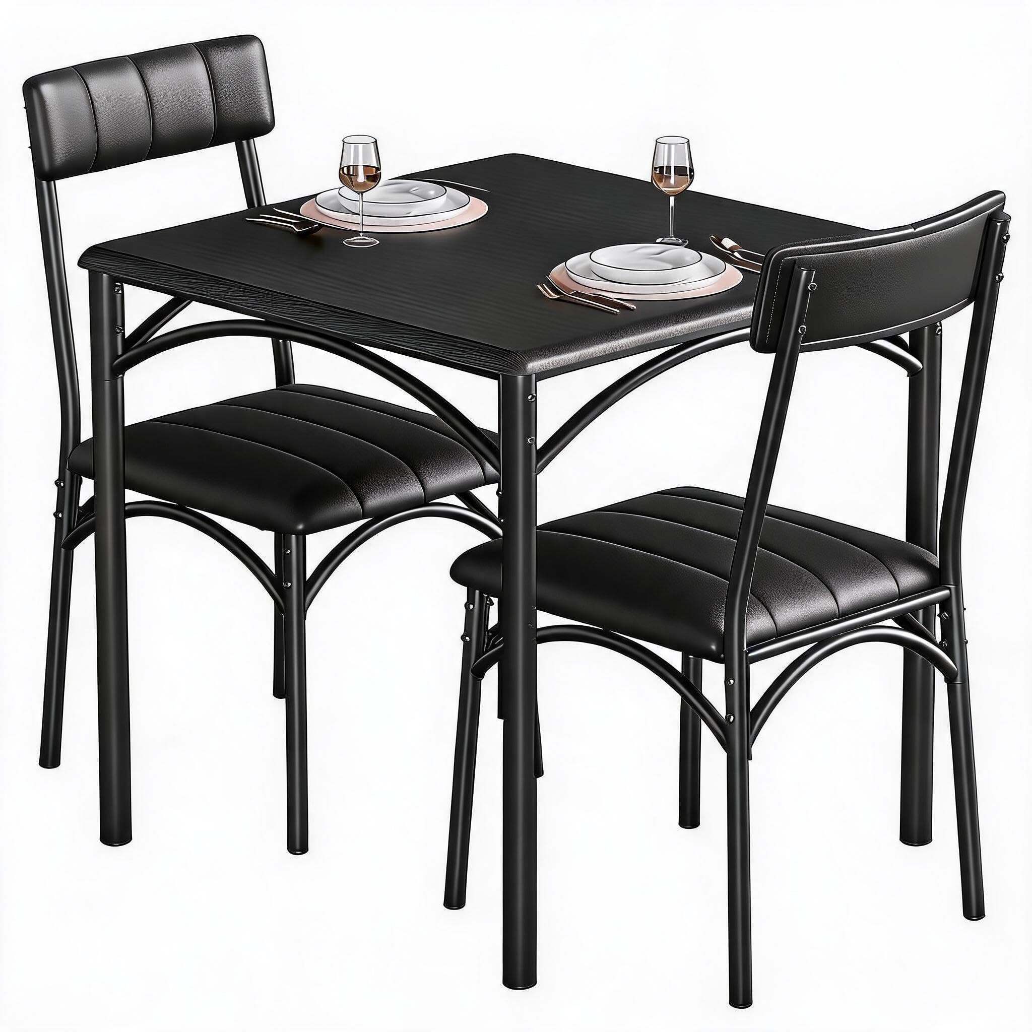Conjunto Comedor 3 Piezas Madera‑Metal Rústico para Apartamentos Pequeños | mesa cuadrada madera‑metal, sillas tapizadas, diseño compacto para apartamentos y cocinas