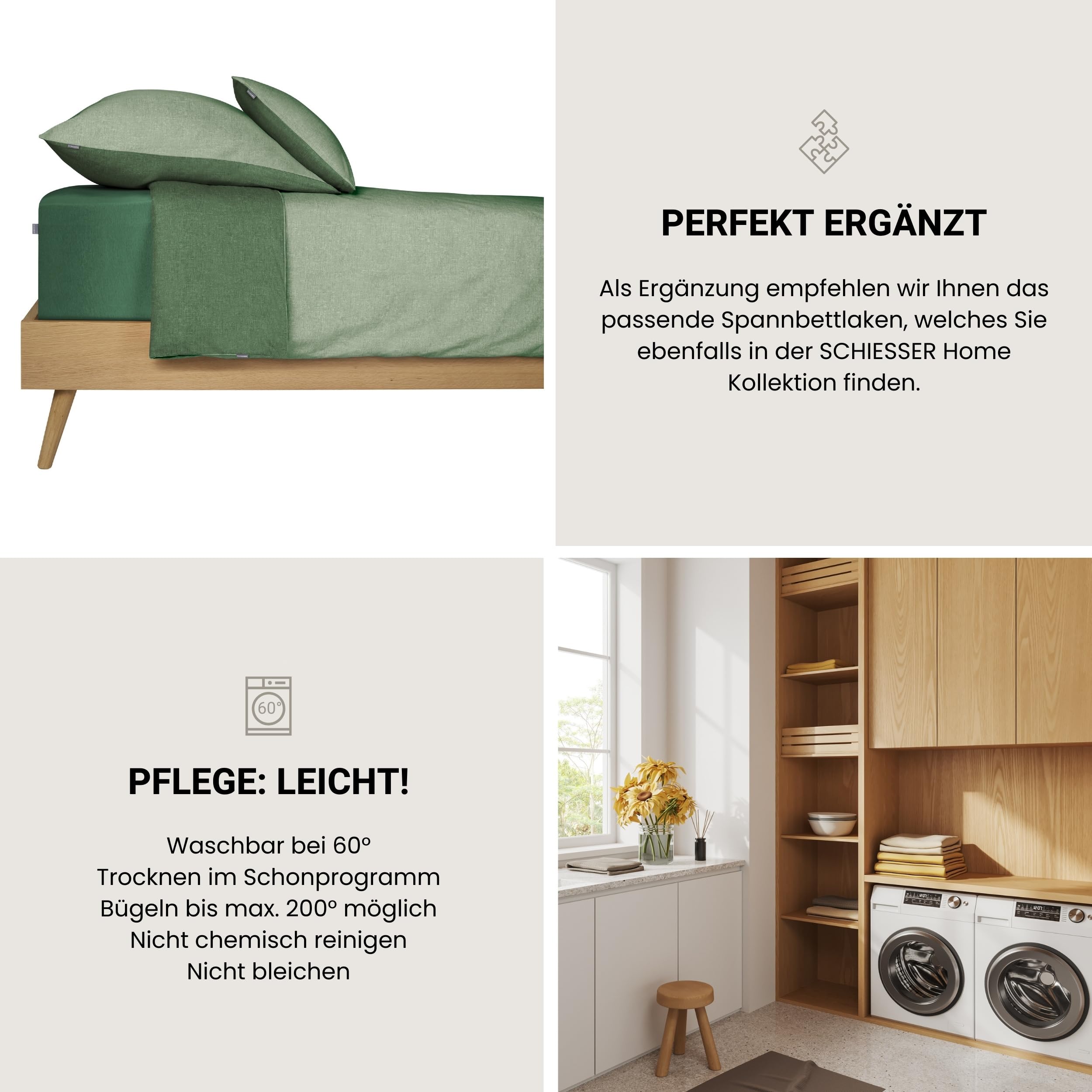 Schiesser Bettwäscheset Doubleface | Feinbiber | 100% Baumwolle aus nachhaltiger Produktion | 155x220cm + 80x80cm | Grün