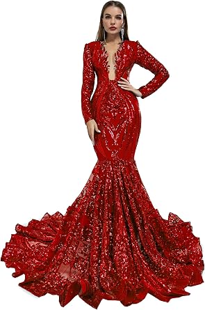 Womens Deep V-Neck Sequins Long Sleeves Mermaid Evening Dress