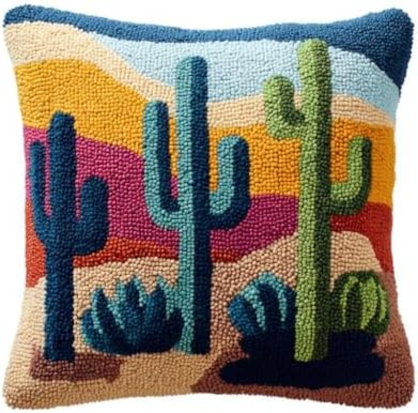 kitphoenix Latch Hook Cushion Cover Kit for Adults Beginners,Cactus Saguaro,DIY Pillow Cover Making Kit with Pre-Cut Yarn,Pre-Printed Canvas and Hook,43x43 cm Craft Hobby Gift