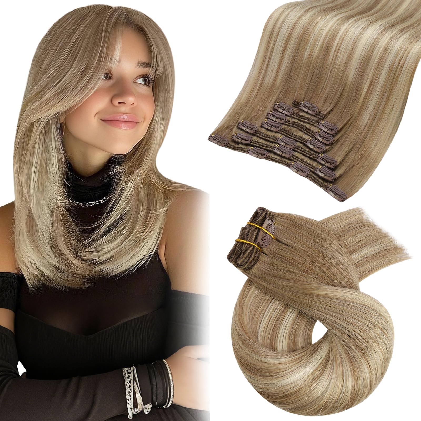 Moresoo Dopinki do włosów ombre, naturalne włosy Remy, klips, brązowe, z klipsami, jasnobrązowe ze złotym blondem, balejaż, przedłużenie włosów z klipsami, 35 cm, podwójne pasma, gładkie, grube włosy,