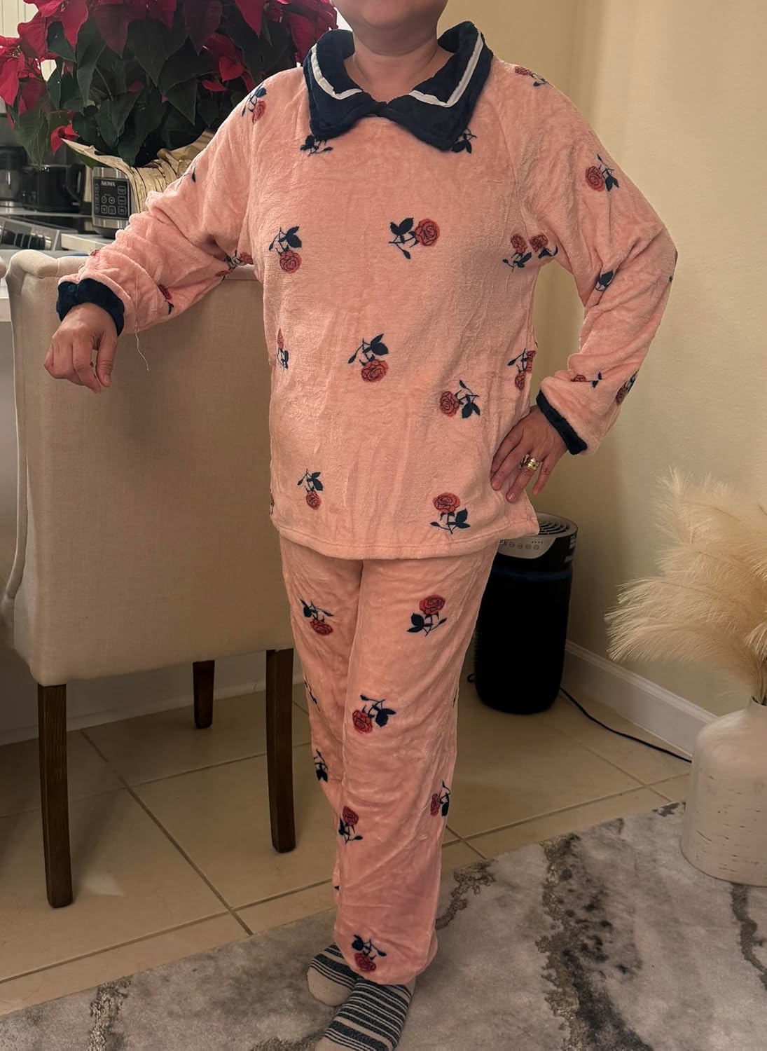 Fleece 2-Piece Pajama Set Pink Flower Small - Image 2