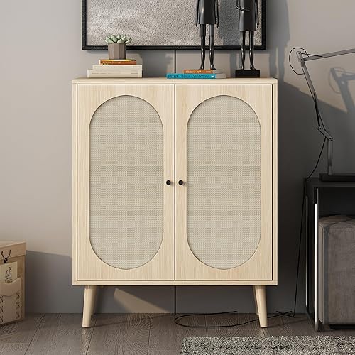 QHITTY Rattan Sideboard Buffet Cabinet, Accent Console Table Kitchen Storage Cabinet with Adjustable Shelves for Living Room, Bedroom, Dining Room - Natural