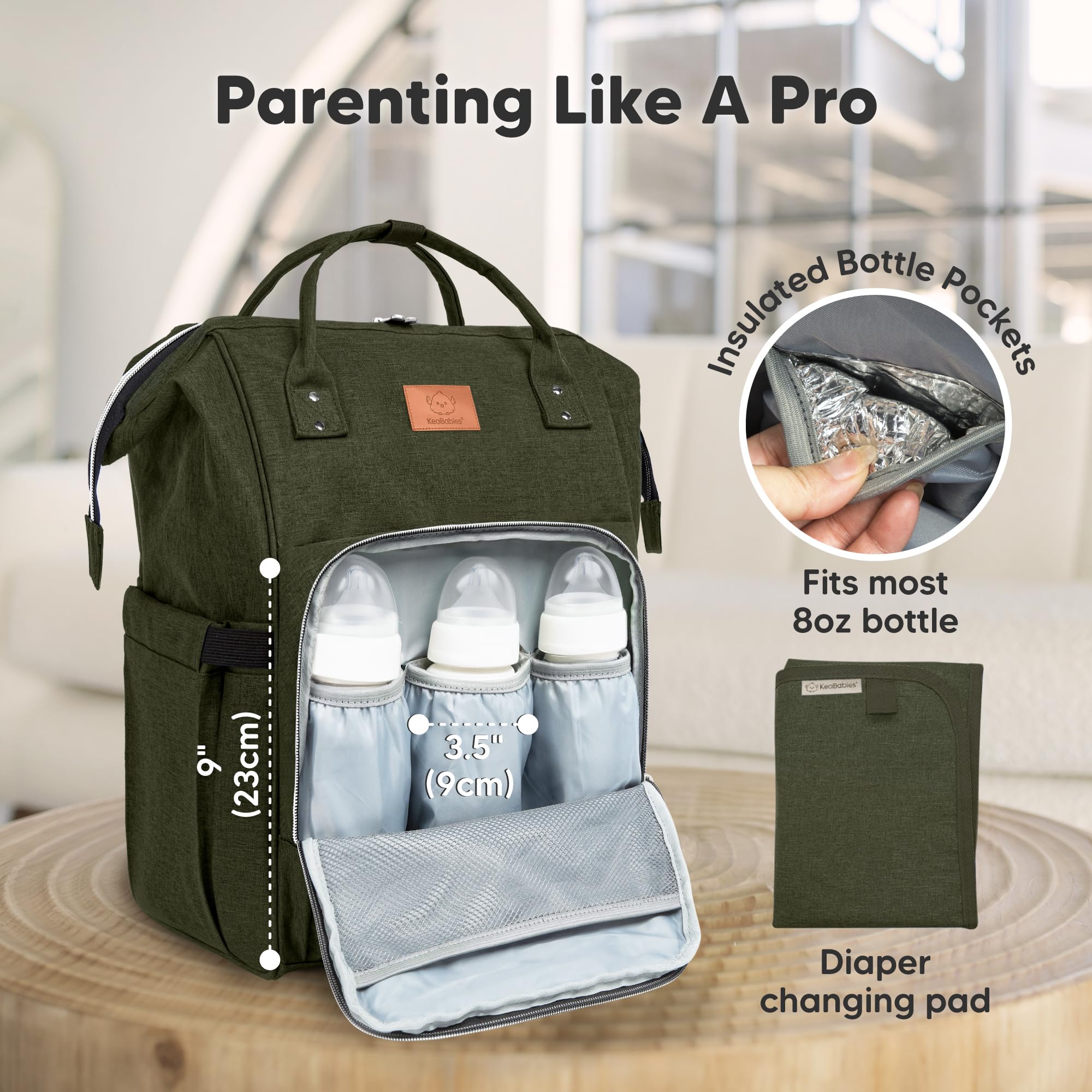 KeaBabies borsa fasciatoio con fasciatoio - zaino fasciatoio per bambini,bambine,borsa per pannolini multifunzionale impermeabile, zaino fasciatoio grande per bambini, borse per la Mama(Dark Olive)
