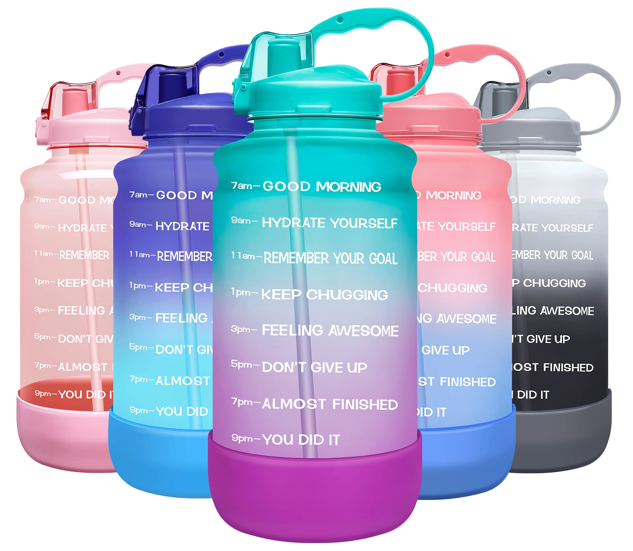 Elvira 1 Gallon/128oz Motivational Water Bottle with Protective Silicone Boot & Straw,Time Marker BPA Free Leakproof Water Jug for Fitness,Gym and Outdoor Sports-1 Gallon-Green/Purple Gradient