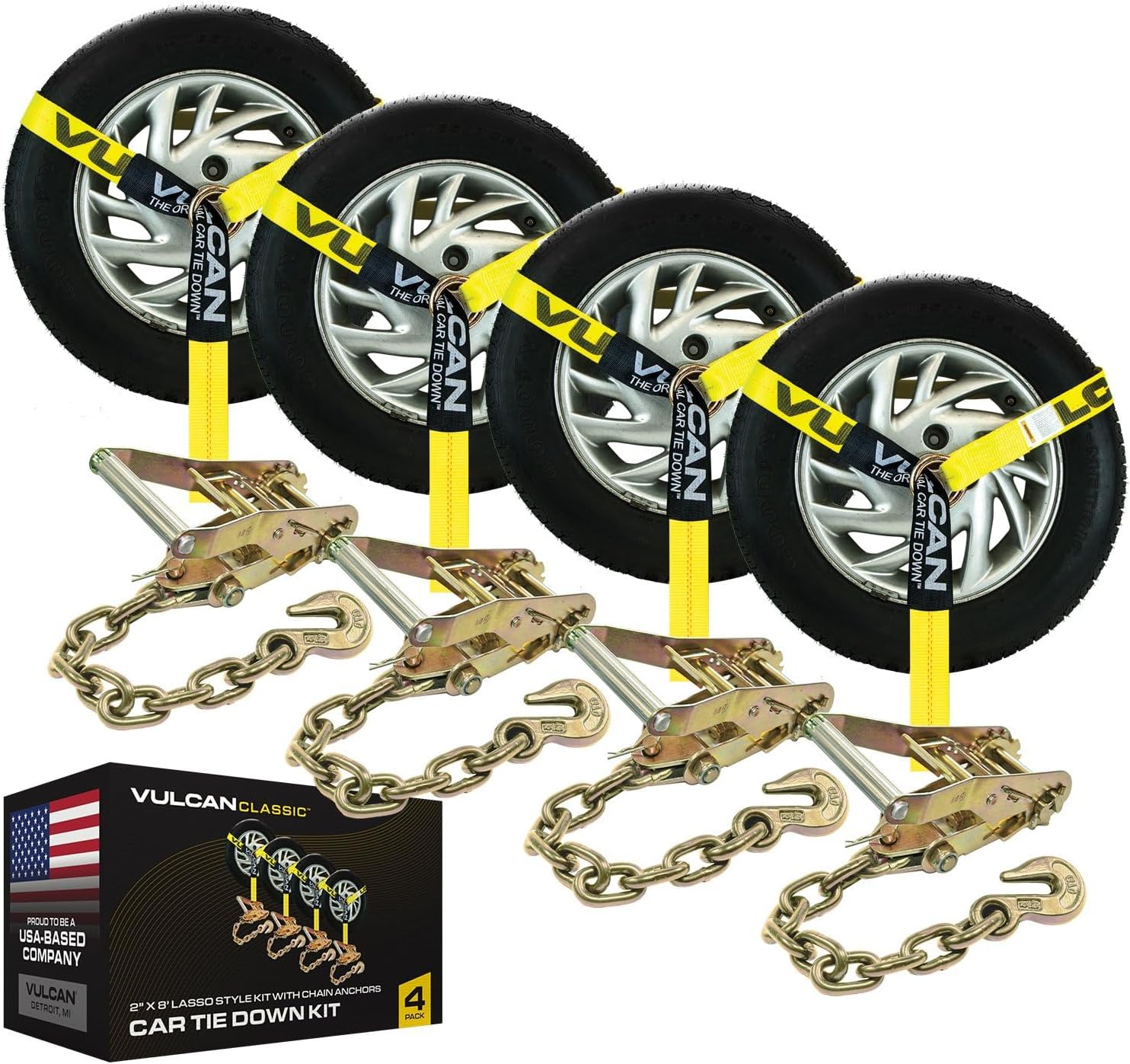 VULCAN Car Tie Down with Chain Anchors - Lasso Style - 2 Inch x 96 Inch - 4 Pack - Classic Yellow - 3,300 Pound Safe Working Load