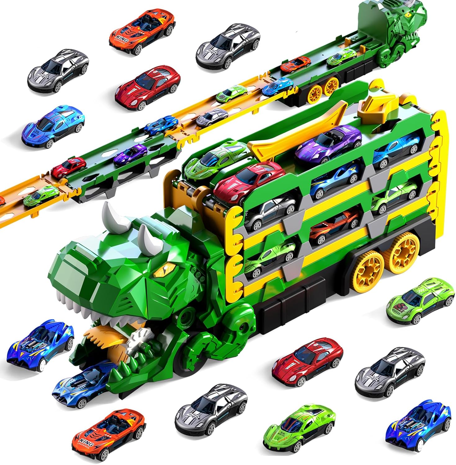 Dinosaur Car Truck Toys Gifts for 3 4 5 Years Old Boys, Transforms into Dino, Dinosaur Transport Truck with 12 Pcs Die-Cast Cars Toys, Toy Gifts for 3 4 5 6 Year Old Boys