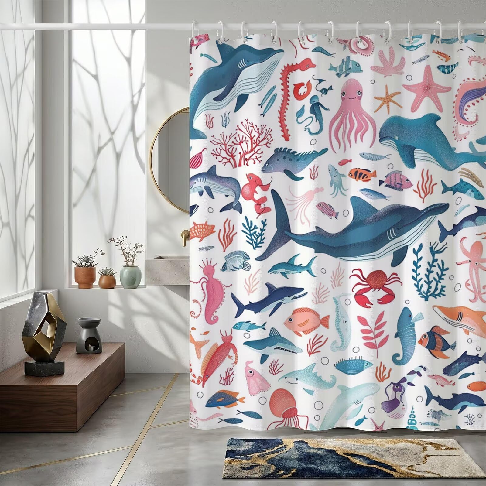 Rideau de douche 120x180cm dauphin en tissu polyester imperméable avec anneaux œillets ZO-886