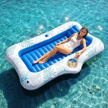 HeySplash Inflatable Pool Floats, Tanning Pool Lounger With Headrest & Cup Holder, Extra Large Pool Inflatables Floaties Pool Toy Summer Beach Party Swimming Floaty Bed