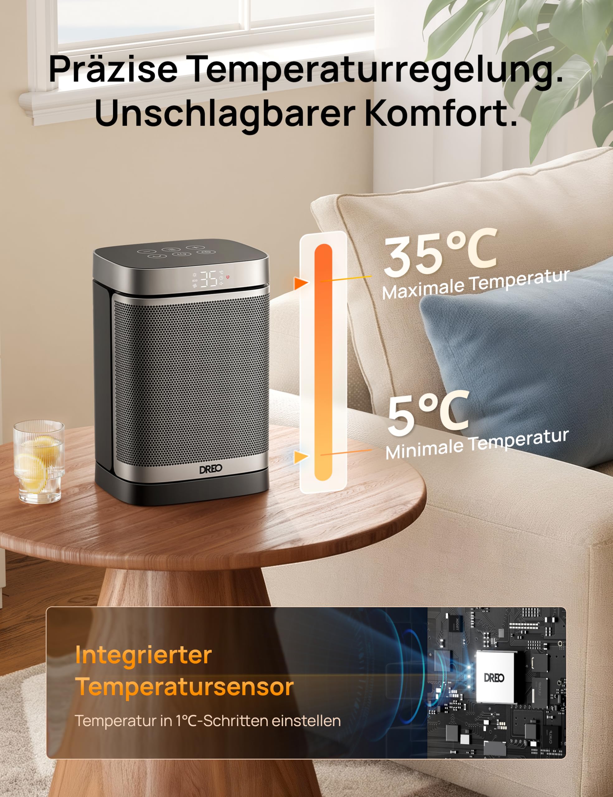 Dreo Heizlüfter 1500W PTC Keramik Elektroheizung mit Thermostat, 70° Oszillierend, ECO-Modus, 12-Std-Timer, Überhitzungs- & Kippschutz