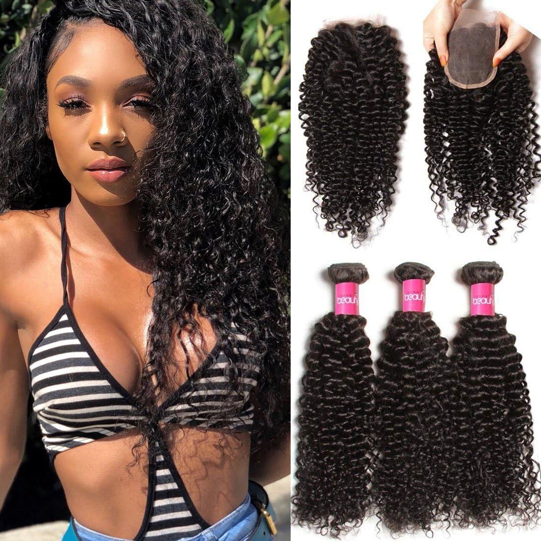 Klaiyi Hair 10a Brazilian Virgin Curly Hair Weave 3 Bundles with 1pc 4x4 Lace Closure Three Part 100% Real Human Hair Extensions Natural Color (18 20 22+14Closure)