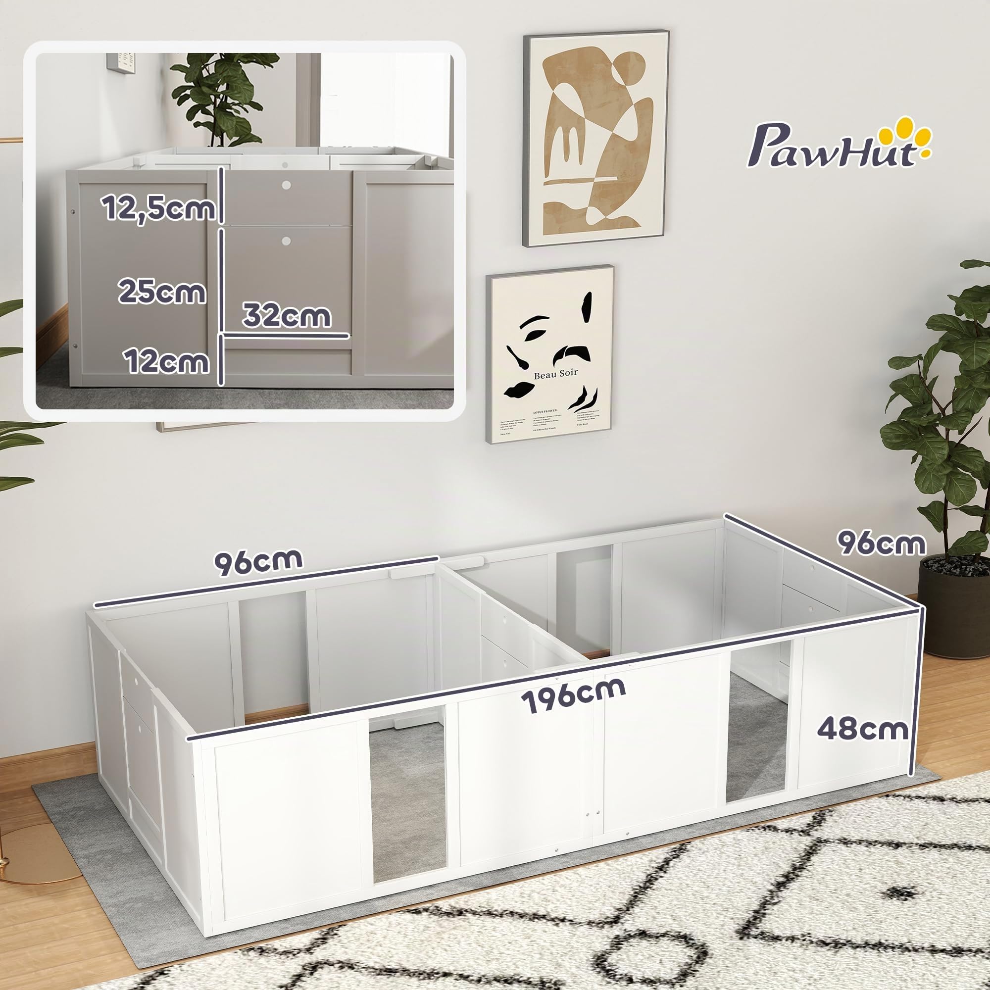 PawHut Wurfkiste für Welpen Hundelaufstall mit Tür 196 x 96 x 48 cm Weiß | Welpenauslauf mit Rutschfeste Bodenschoner, Hunde Wurfbox aus Holz, Welpenlaufstall für Mittelgroße Hunde