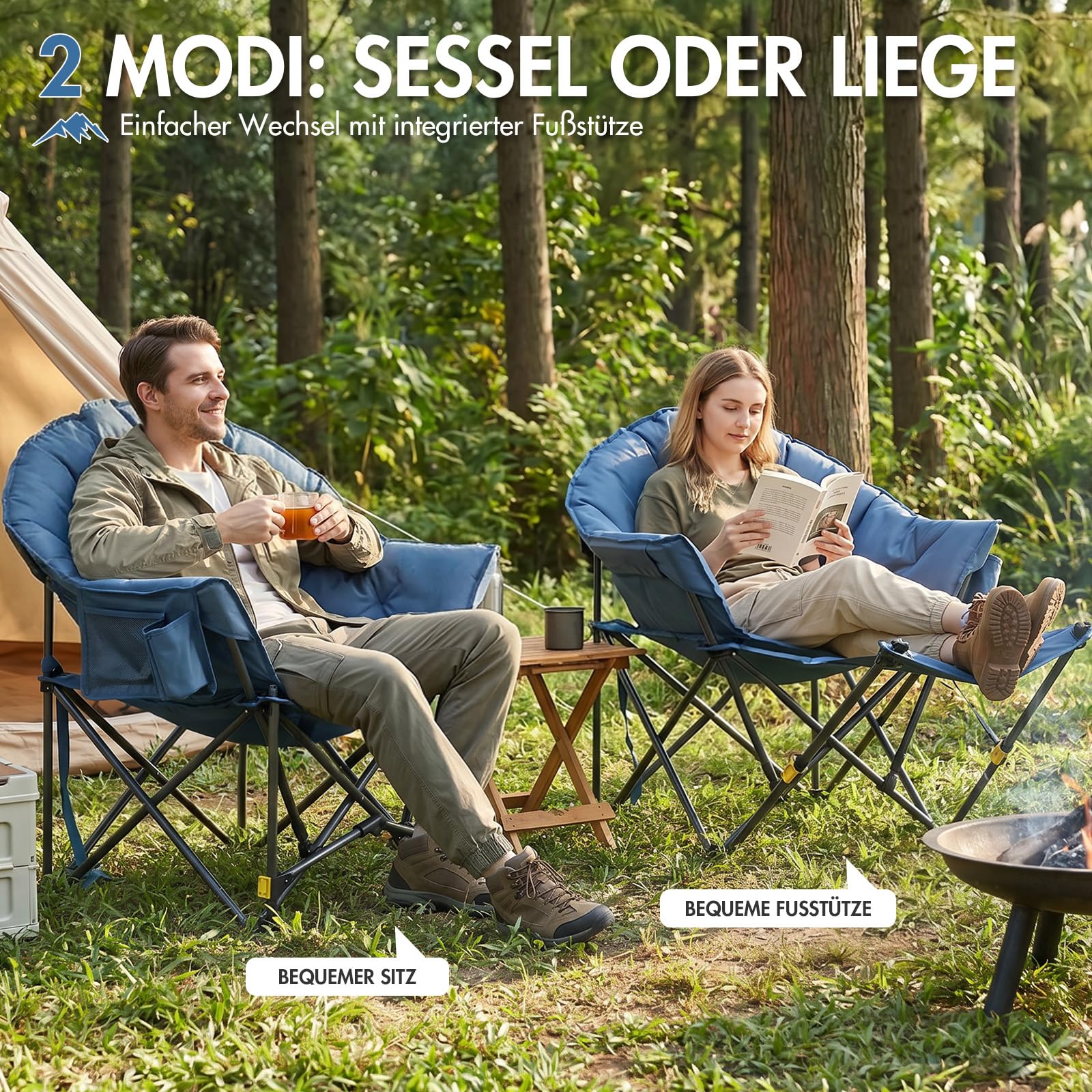 Moonchair Campingstuhl mit Fußablage 180kg XL Bequemer Luxuriös gepolsterter breiter Gartensessel Schwerlast-Liegestuhl ideal für Strand, Picknick, Balkon & Terrasse