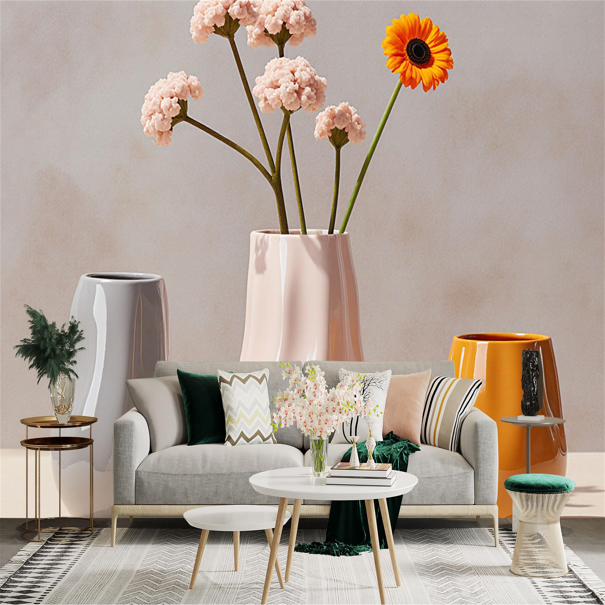 Custom Size Wall Sticker Mural， Minimalist Vases with Fresh Flowers， Modern Home Decor， Elegant Floral Still Life， for wall Decoration， peelandstick wall Decals.