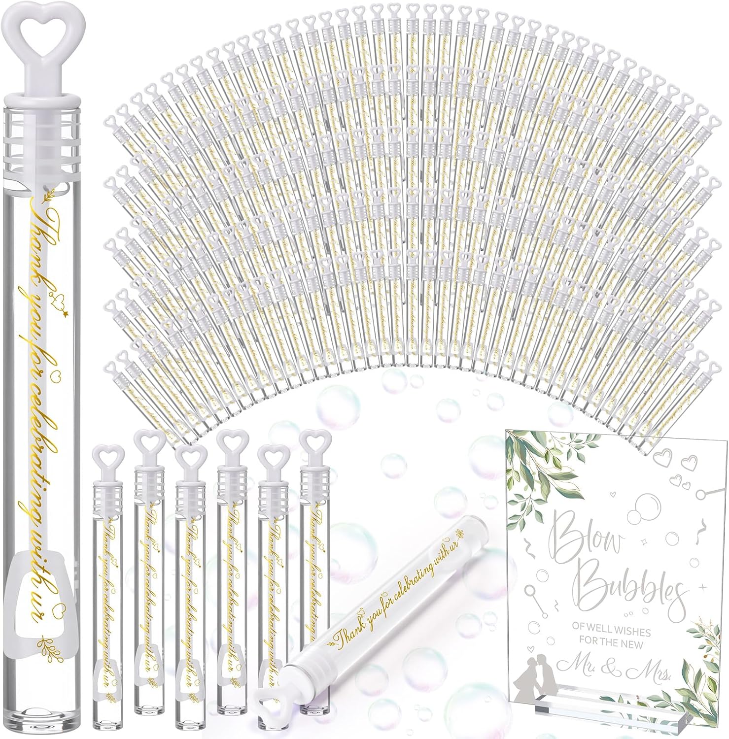 Realspring 102 Pcs Wedding Bubbles Bulk Gift Including Mini Champagne Bubbles Wands Acrylic Display Board Sign with Stand for Wedding Send Off Anniversary Engagement Bridal Guests Gift