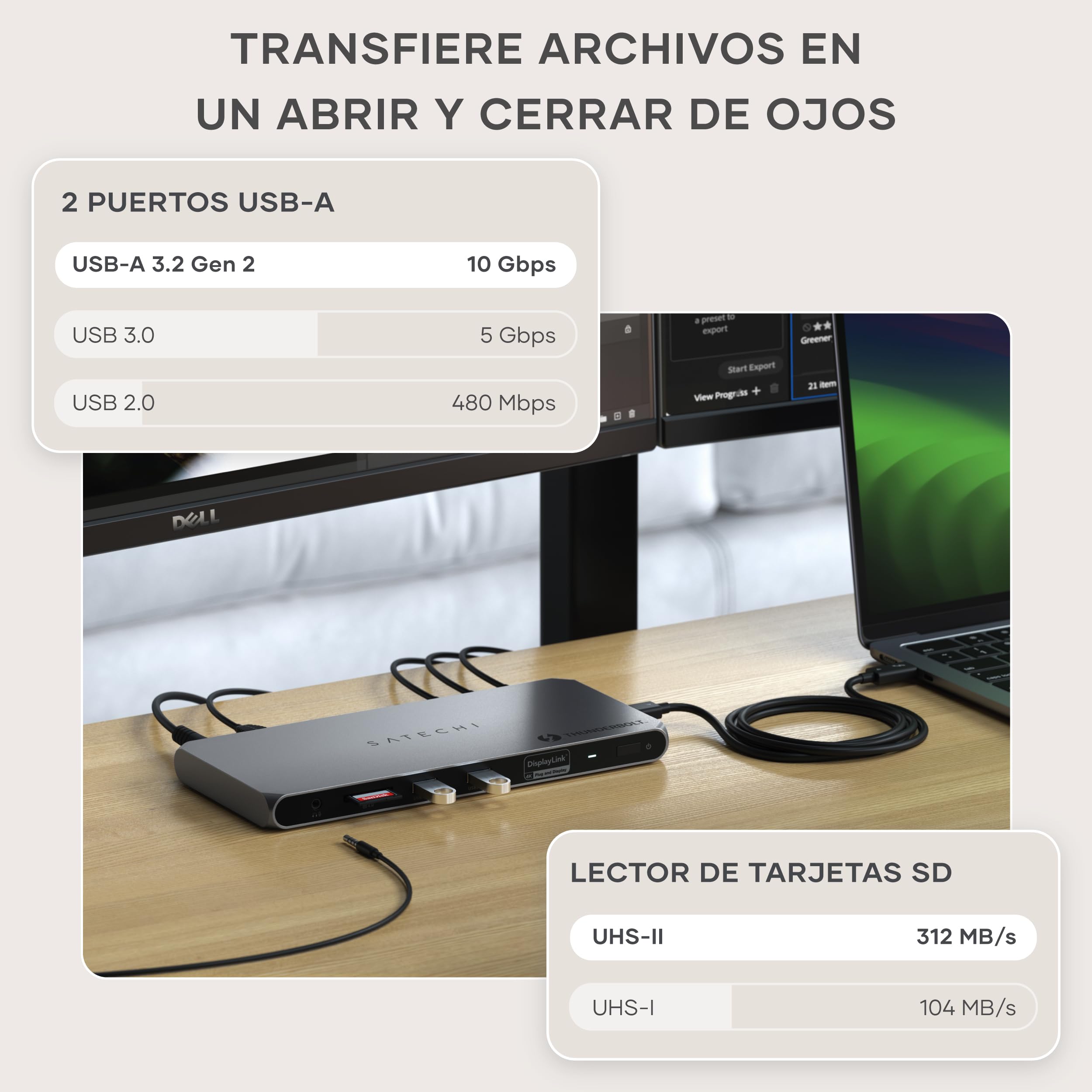SATECHI Docking Station 12 en 1 Thunderbolt 4, HDMI, 96W, DisplayLink | 3x Thunderbolt 4 a 40Gbps, 2x HDMI 4K@60Hz, 2x USB-A 10Gbps, Ethernet, lector SD (requiere DisplayLink)