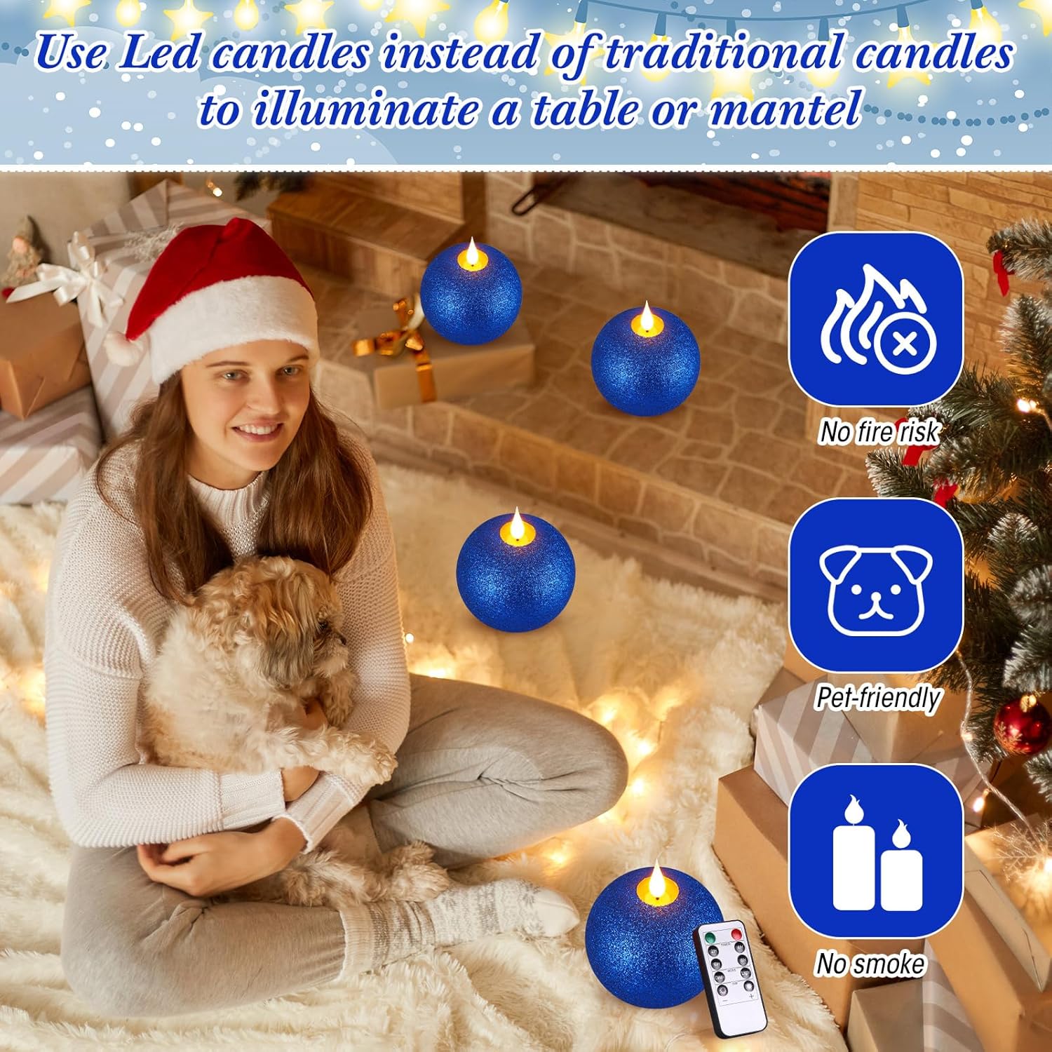Retisee 2 Pcs Valentines Round Flameless Candles Real Wax with Remote Timer, 4.5″ x 3.8″ LED Glitter Ball Candles Battery Operated 3D Wick Flickering for Valentine's Gift Table Decor(Royal Blue) - Image 6