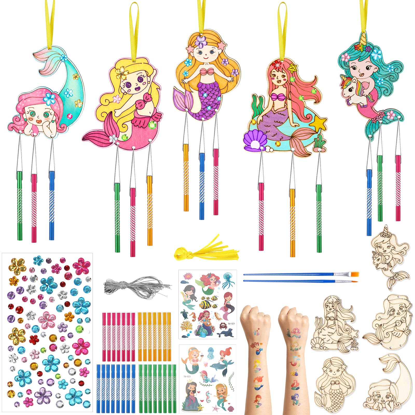 SRIZIAN 10piezas Sirena Manualidades para Niñas Kit de Manualidades de Campanillas de Viento de Madera de Sirena Regalos Manualidades Decoración para Fiestas Puertas y Jardines Bricolaje