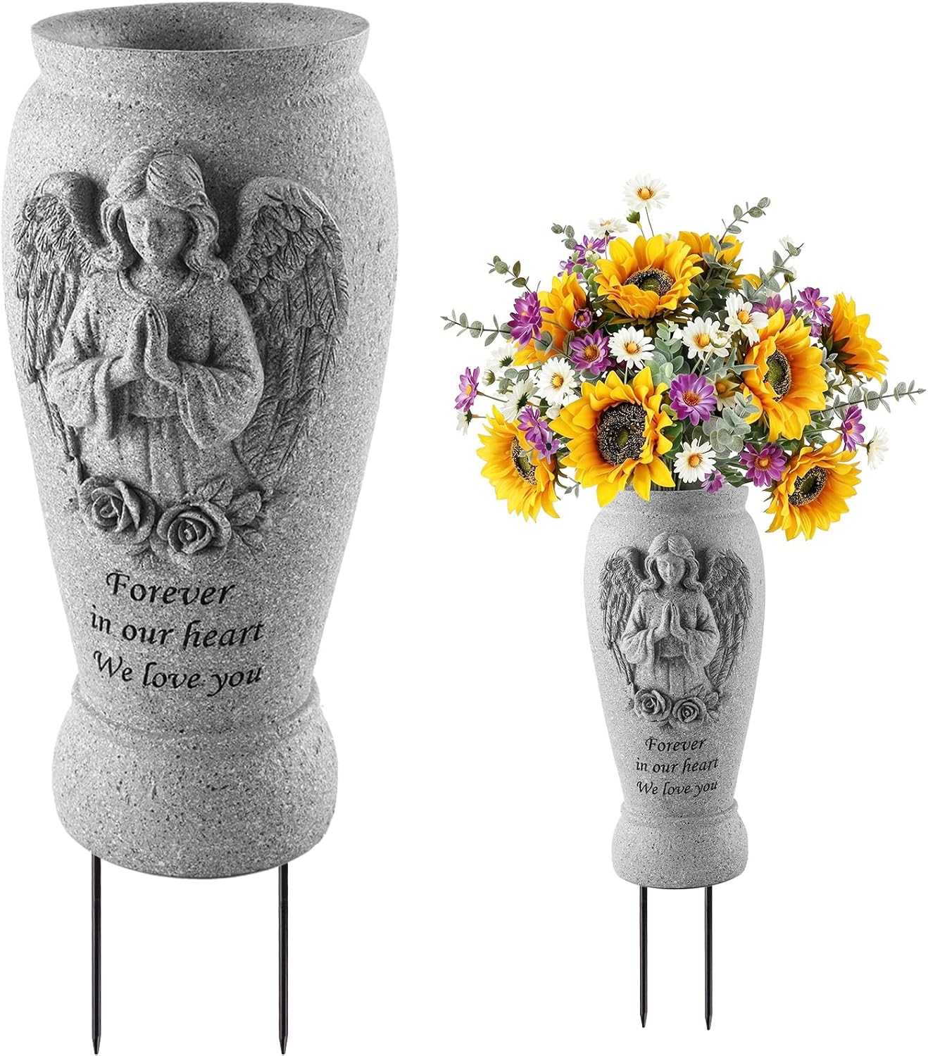 Consevisen Cemetery Vases for Grave, Memorial Angel Vases for Cemetery Flower Holder with Spikes and Drainage Hole, Grave Decoration for Headstone, Floral Vase for Fresh or Artificial Flowers