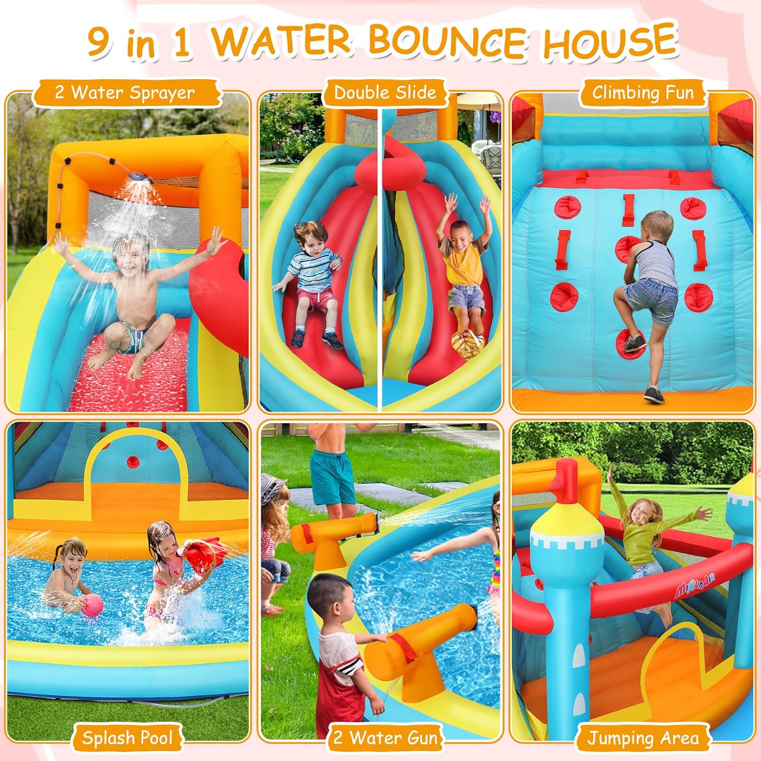 Whubefy 14.1x13.8Ft Inflatable Bounce House Double Water Slide for Kids, Inflatable Waterslide Bouncy Jump Castle w/Dual Slide, Jump Area, Blow Up Water Slides Inflatables Park for Kids Backyard Fun