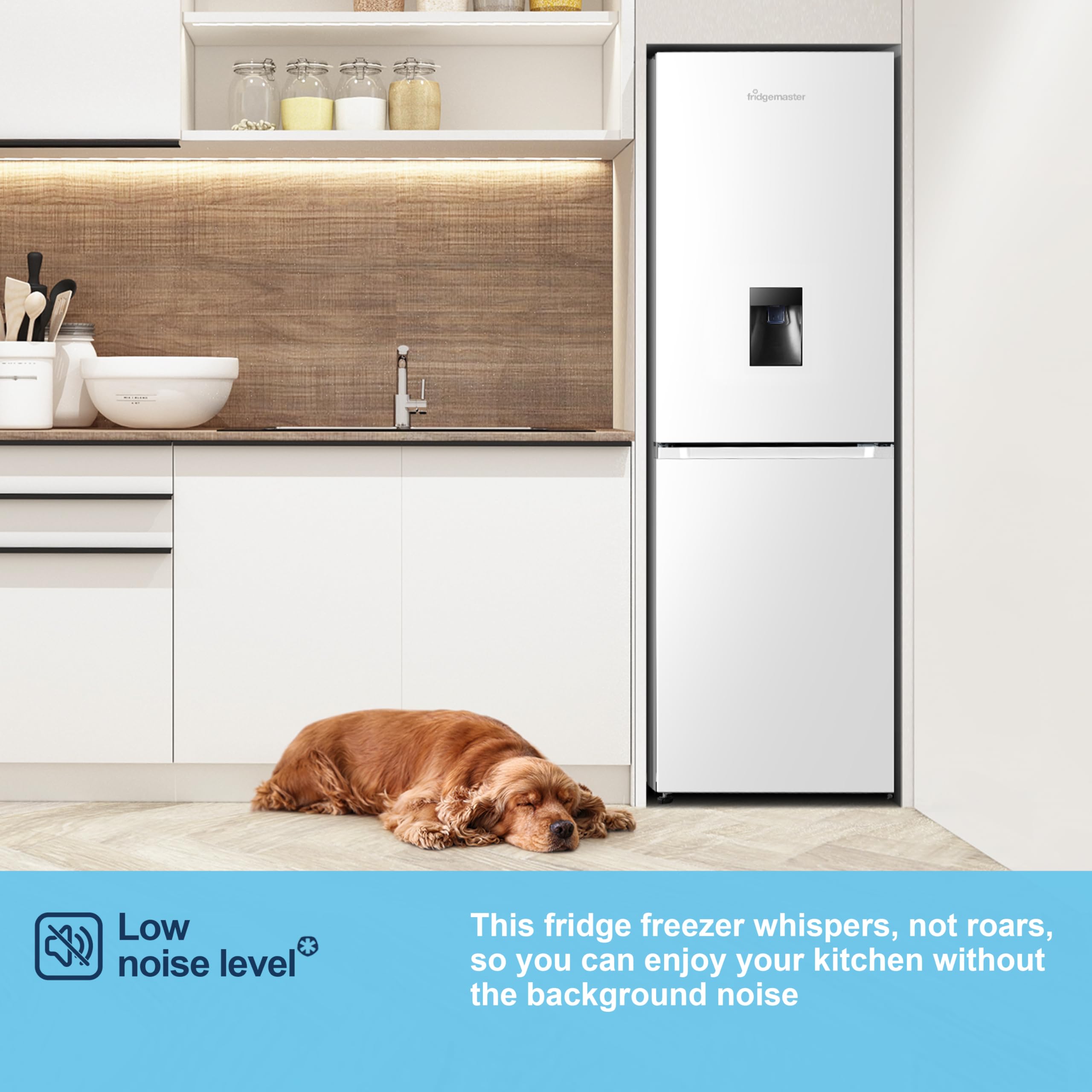 Fridgemaster MC55251DE 55cm Freestanding 256 litre 50/50 Fridge Freezer with Non-plumbed Water Dispenser - Frost Free - LED Lighting- 4 Star Freezer Rating -White - E Rated, H182.4 x W55 x D55.7 (cm) — view 13