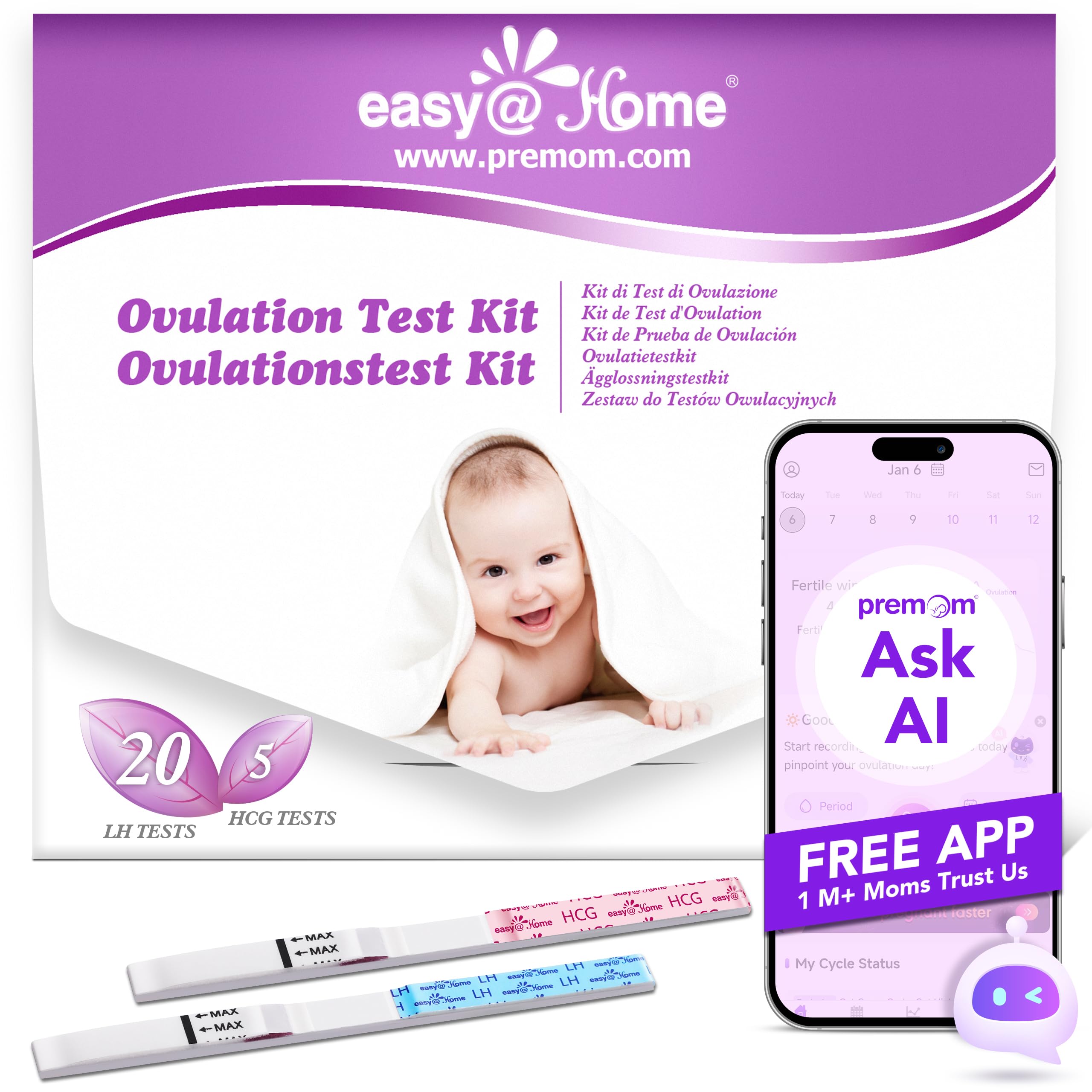 Easy@Home Test Ovulazione 25mIU/ml, Accuratezza Oltre il 99.8%, Monitoraggio Attendibile del Ciclo e del Periodo Fertile, Alimentata da gratuita Italiana APP Premom(iOS & Android) (20 LH + 5 HCG)