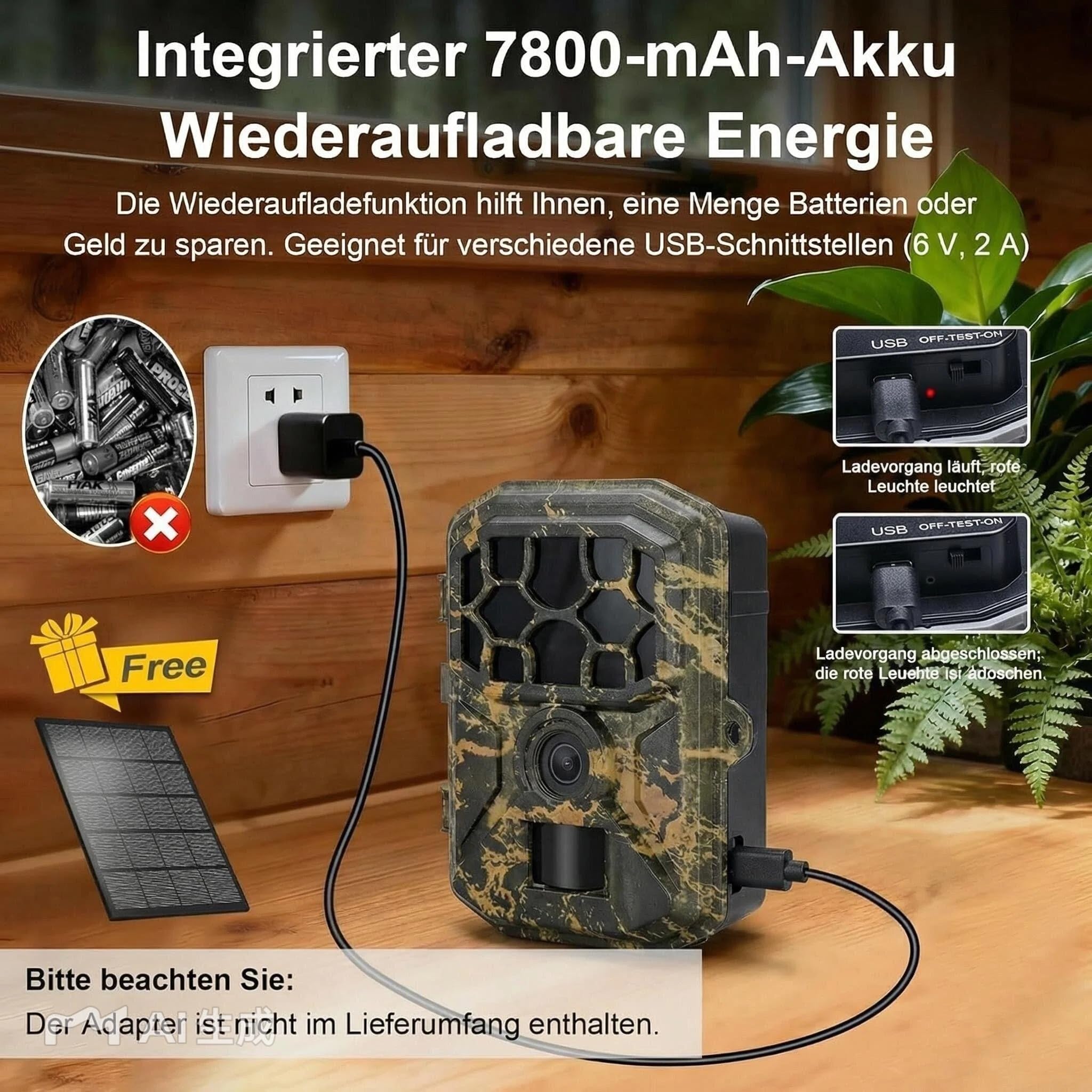 5K 64MP WLAN Solar Wildkamera mit Handy App, 64GB SD Karte | Bewegungsmelder Nachtsicht, 0,1s Schnellauslösezeit, 7800mAh Akku, IP66 Wasserdicht, Outdoor