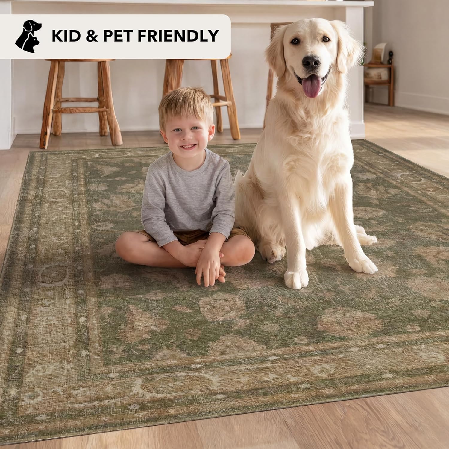 Kuden 5x7 Area Rug, Machine Washable Area Rug with Non-Slip Backing, Vintage Style, Soft, Easy Clean, Low Pile Rug for Living Room, Bedroom, Dining Room