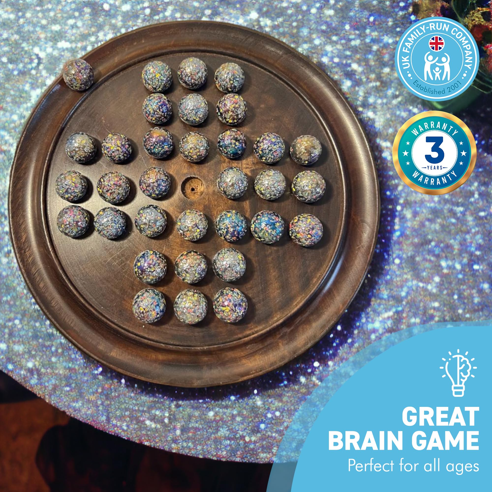 Jeu de société solitaire en bois de 30 cm de diamètre avec billes de verre à paillettes | jeu de solitaire classique en bois | jeu de société de stratégie | jeu de société familial | jeux pour une