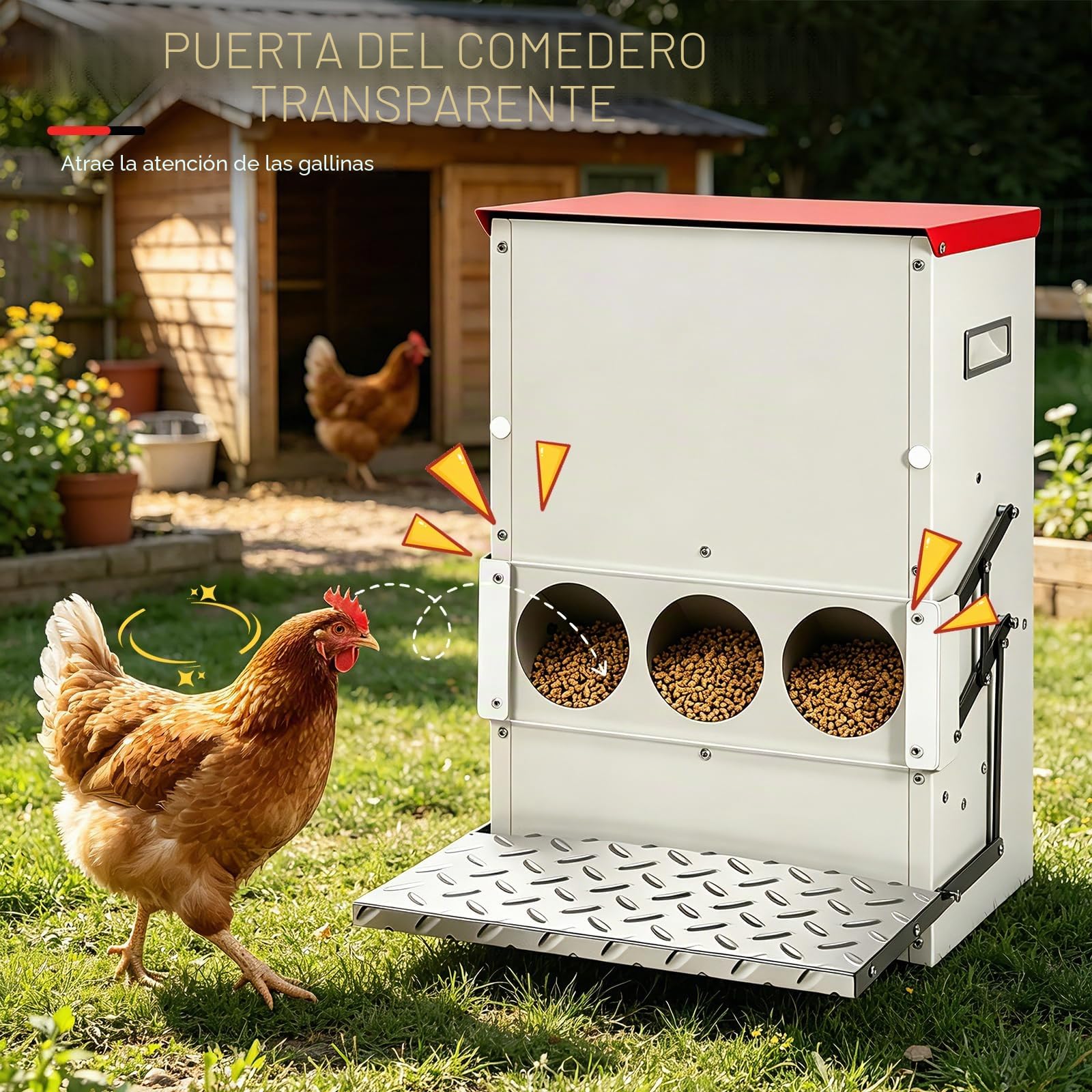 Comedero Automático para Pollos con Pedal De Metal, 15kg Alimentador para Varias Gallinas y Patos, Fácil De Usar y Limpiar