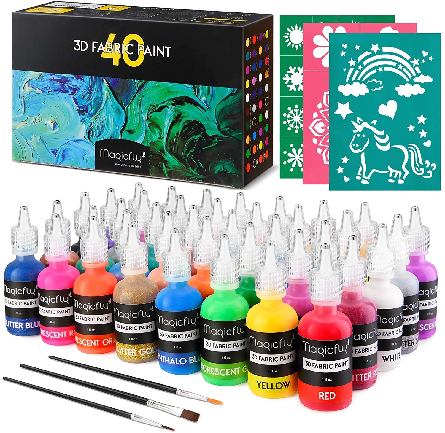 Magicfly 3D Fabric Permanent Paint 40 Color, Fabric Paint with Vibrant Colors, 3 Bonus Brushes & Stencils, Ideal for Textile T-Shirts Fabrics Canvas Glass Wood (5 Color Type & 1 oz Each)