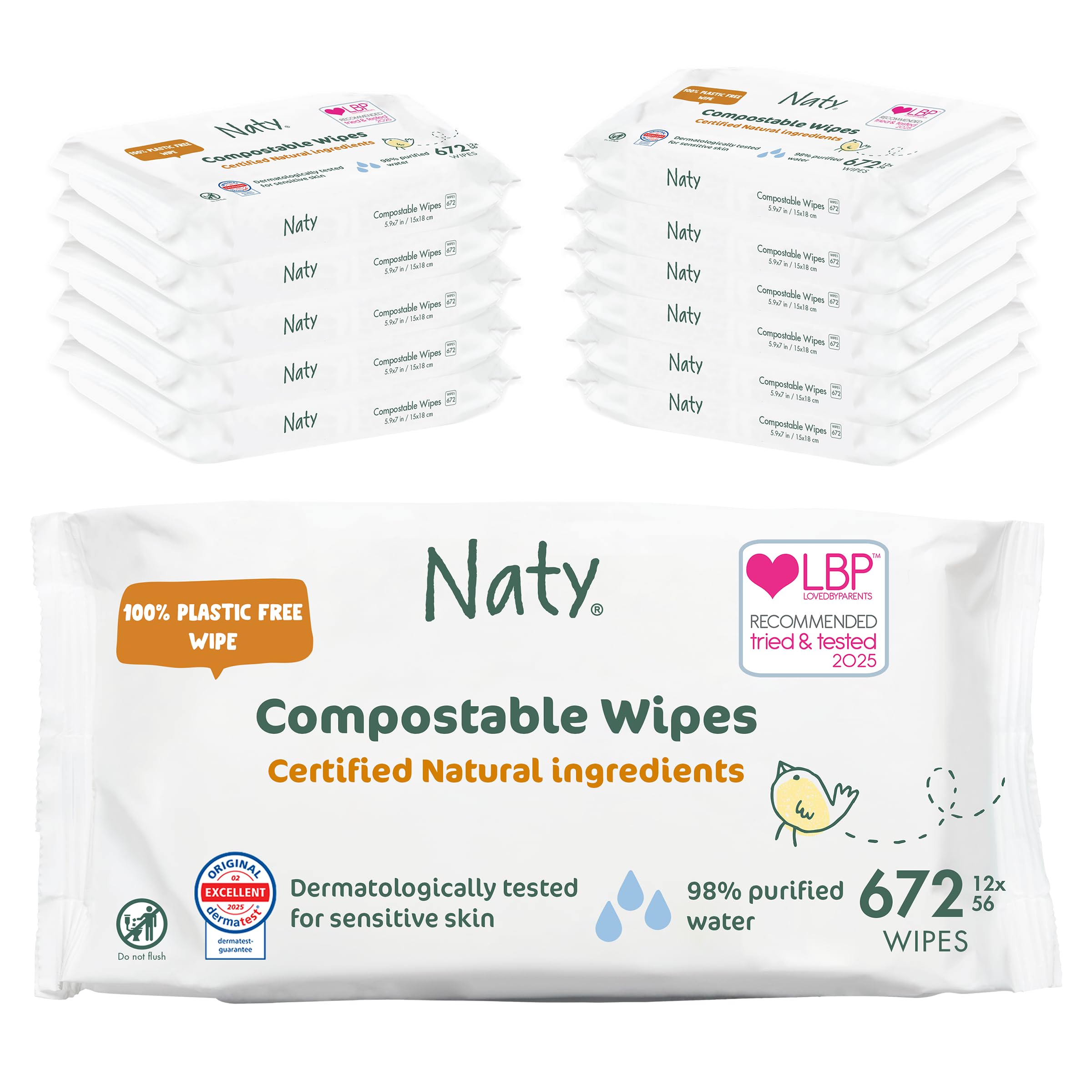 Unscented Baby Plant based Compostable Wipes, 0% plastic, No nasty chemicals, White, 672 Count