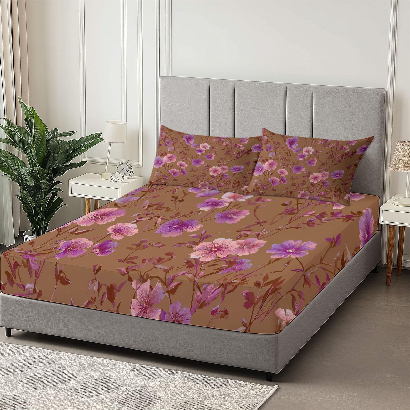Oddychające prześcieradło z gumką 90 x 190 cm Oniryczna elegancja kwiatowa z gumką Prześcieradło z gumką z miękkiej mikrofibry, antypoślizgowe, odporne na zmarszczki, komplet pościeli, różowe