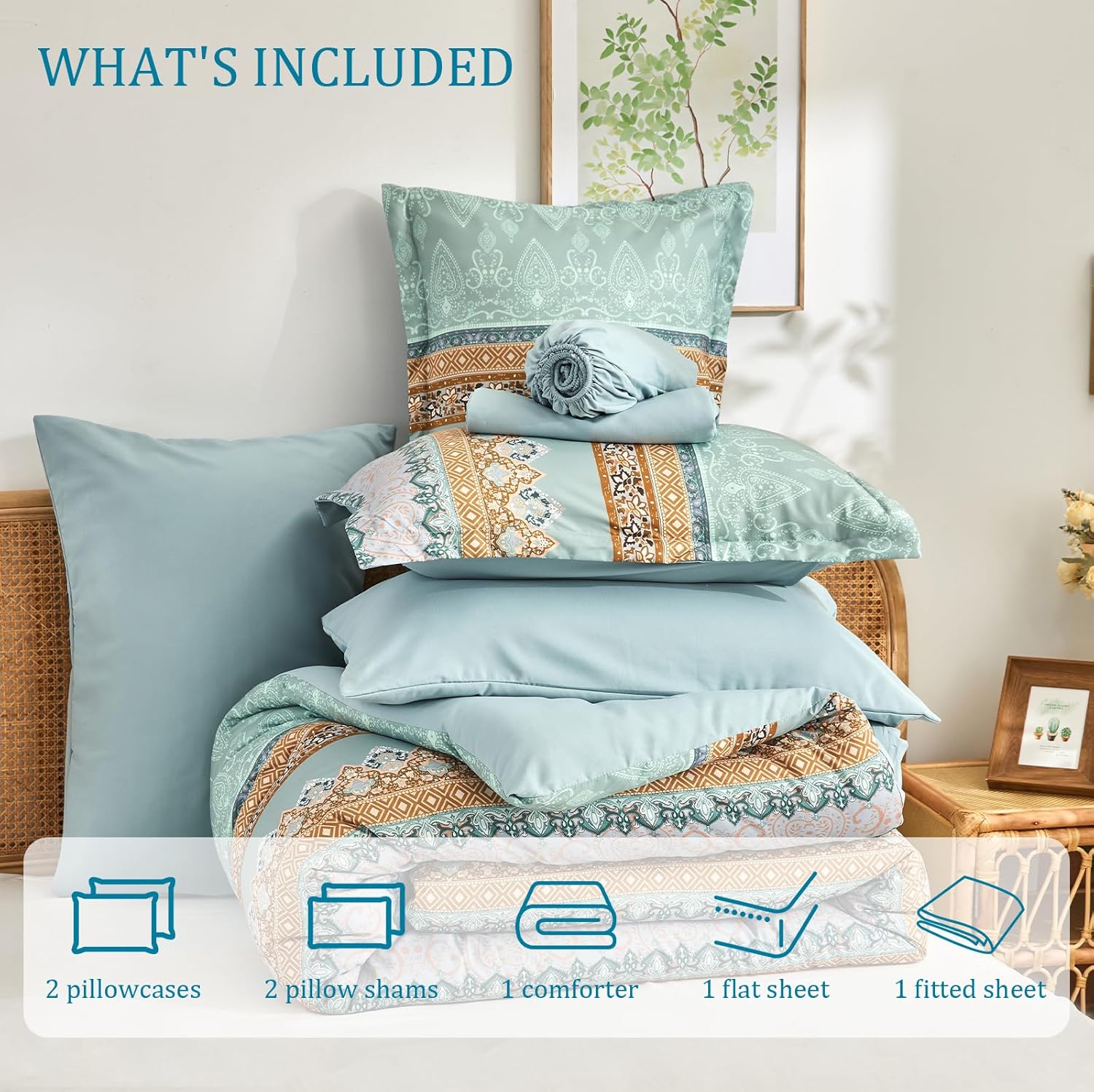 Boho Comforter Set Queen - 7 Pieces Bed in a Bag, Bohemian Striped Comforter Set with Sheets, Soft Microfiber Sage Green Floral Bedding Set for All Season - Image 7