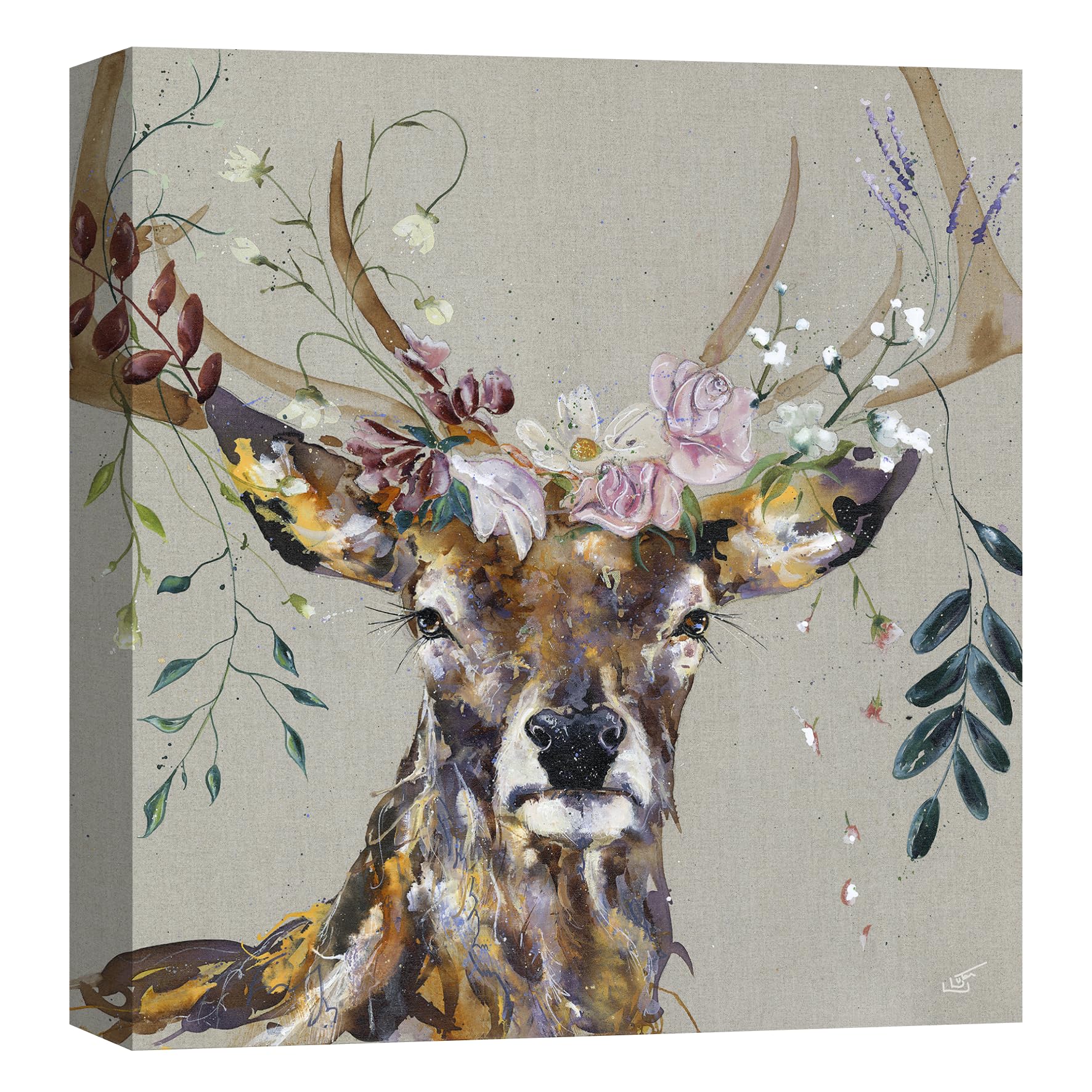 Artko Artistic Floral Stag Canvas Wall Art - 'Vintage Velvet' by Louise Luton - Animal Themed Artwork - Ready to Hang Home Décor - 30cm x 30cm