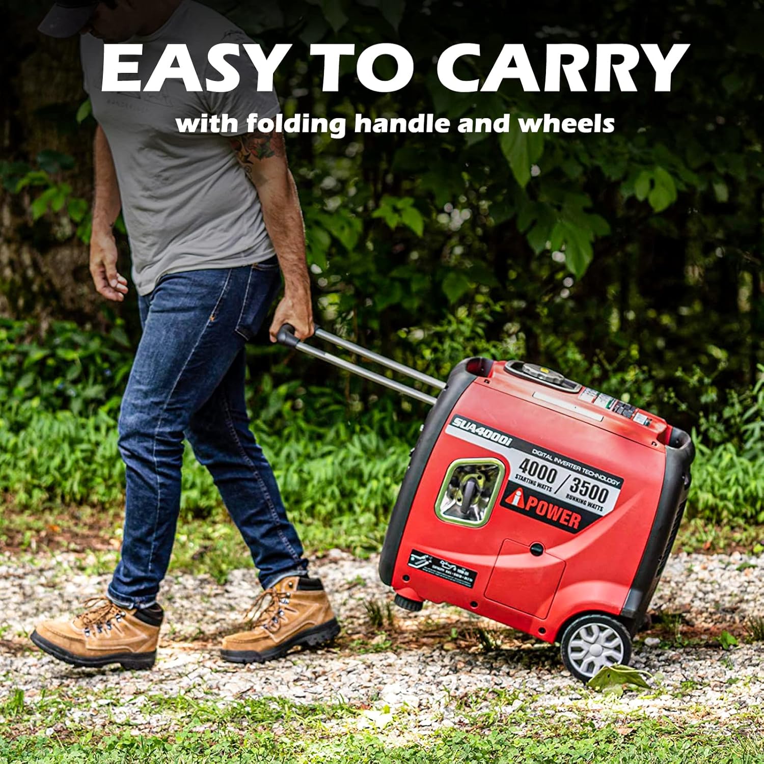 Person pulling A-iPower SUA4000i generator with telescoping handle and wheels