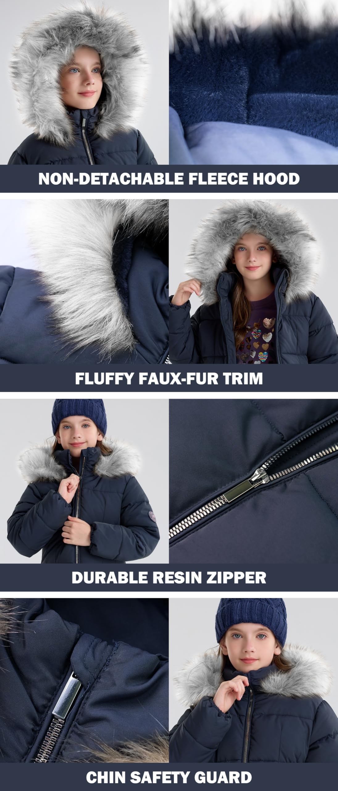 maoo garden Abrigo de Invierno Acolchado para Niñas Parka de Nieve de Plumón de Imitación de Peso Pesado Chaqueta Resistente al Agua de Piel Borrosa