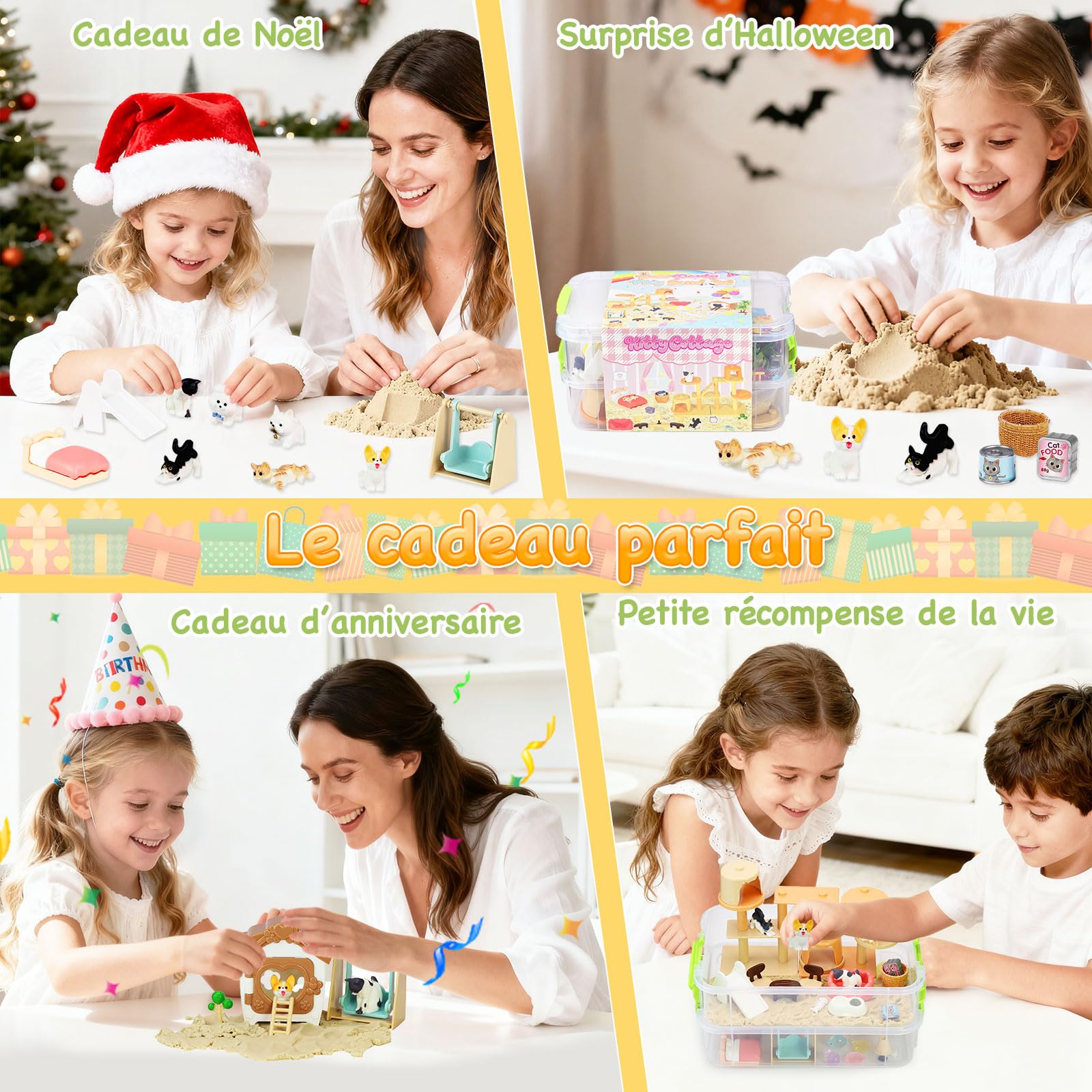 VBACALA Magic Sand Set avec Bac à Sable à 2 Étages,500g de Sable Magique,Figurines de Chiens et Chats,Jouets Sensoriels pour Enfants 3+ Ans,Jeux Créatifs avec Sable,Cadeau pour Garçons et Filles