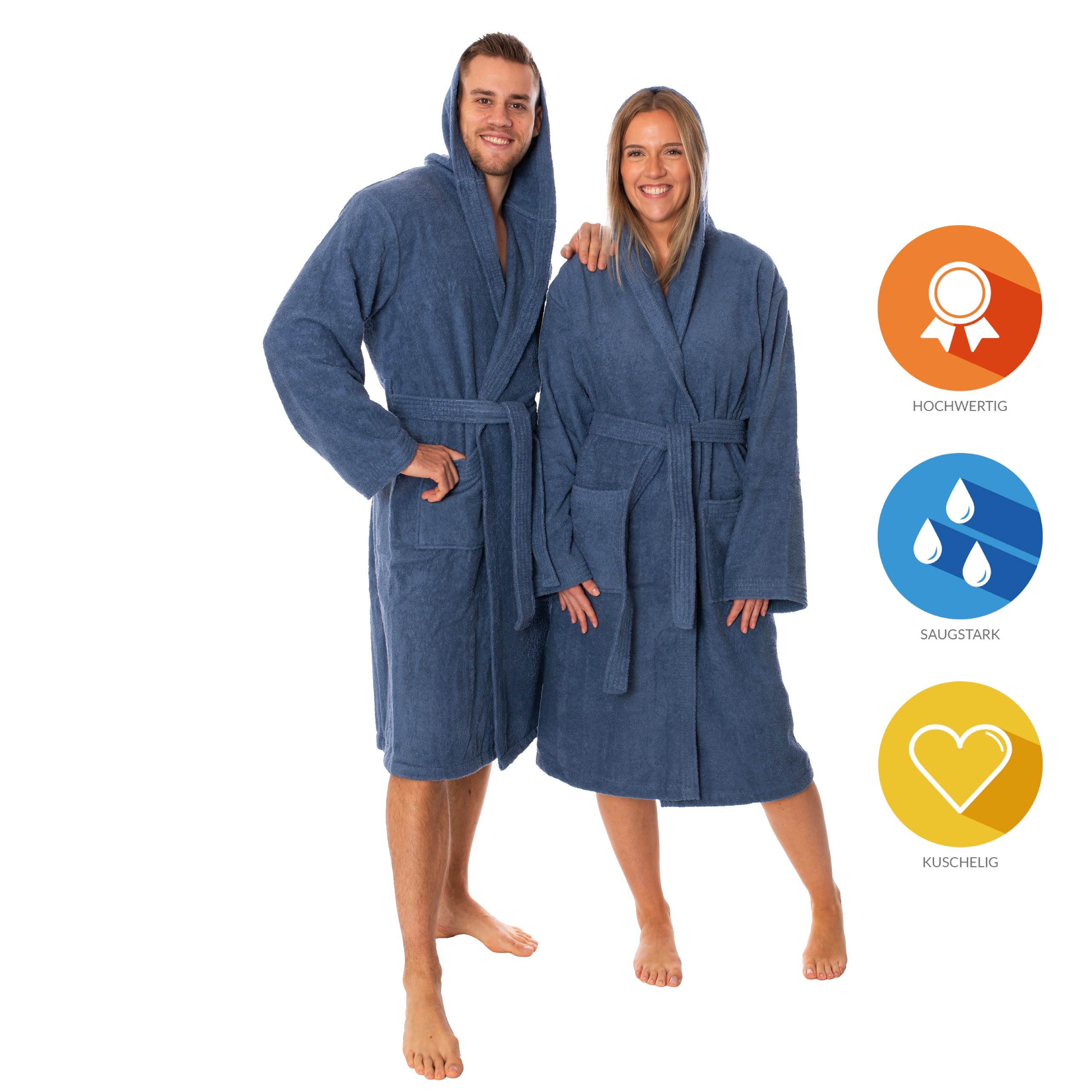 Lavea® Szlafrok męski i damski z 100% bawełny – Miękki szlafrok kąpielowy z kapturem, unisex, idealny do sauny i domu