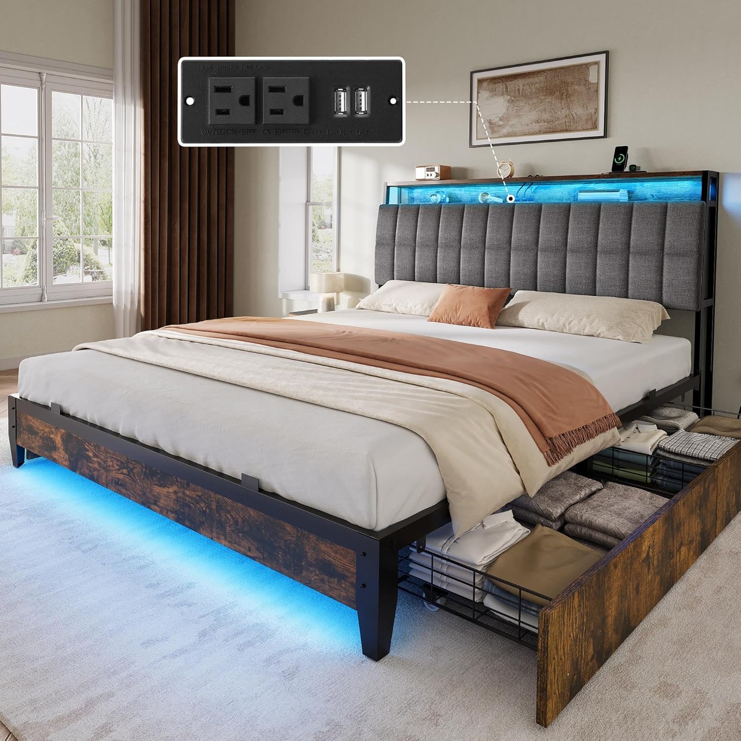 YITAHOME Queen Size Bed Frame with RGB LED Lights and 4 Drawers, Upholstered Platform Bed with Charging Station and Storage Headboard, No Box Spring Needed, Noise-Free, Fast Assembly, Rustic Brown