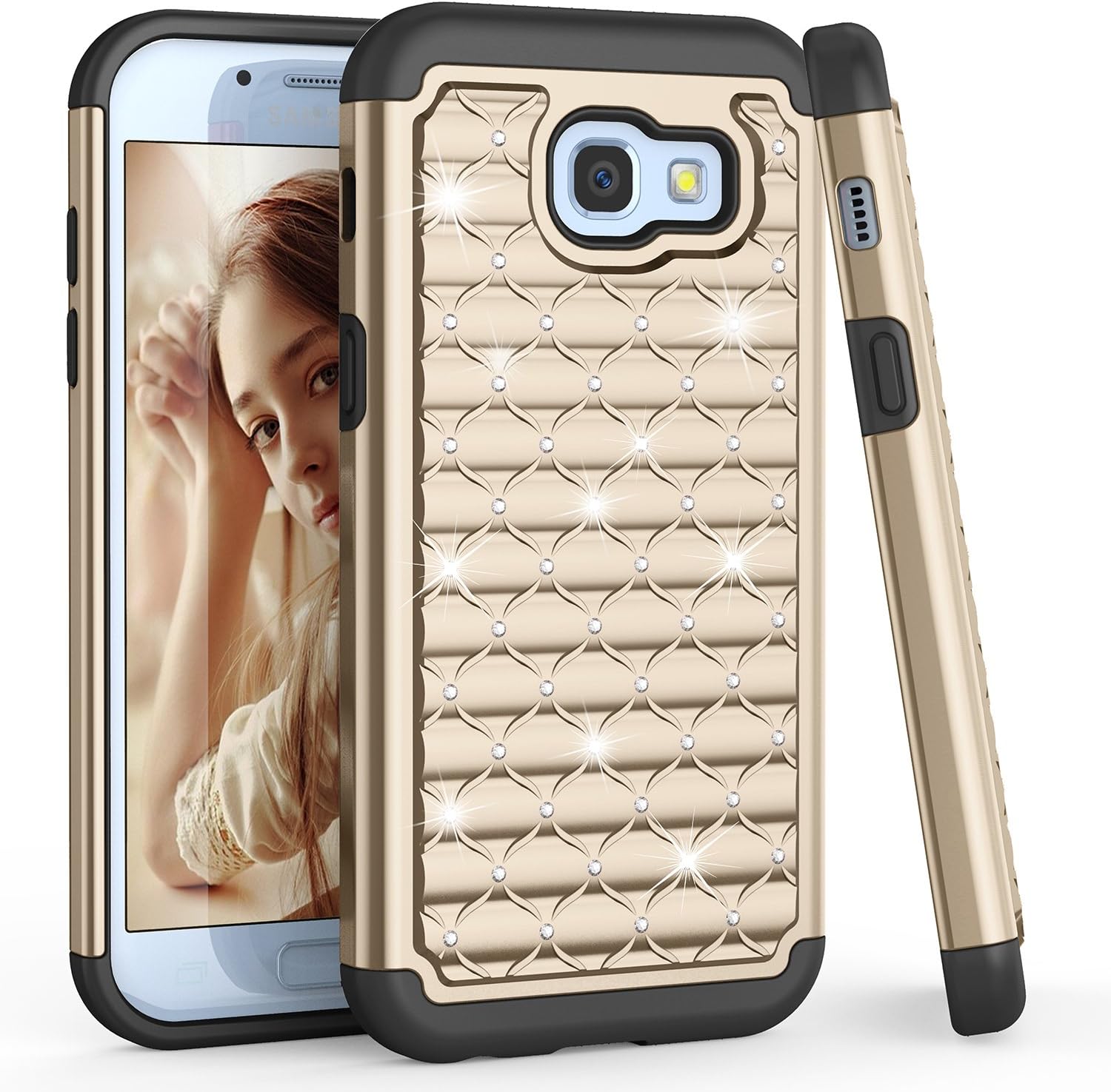 TILL for A5 2017 Case, Galaxy A5 2017 Cute Case for Girls Women, TILL Studded Rhinestone Crystal Bling Diamond Sparkly Luxury Shock Absorbing Hybrid Defender Rugged Slim Glitter Case Cover [Gold]